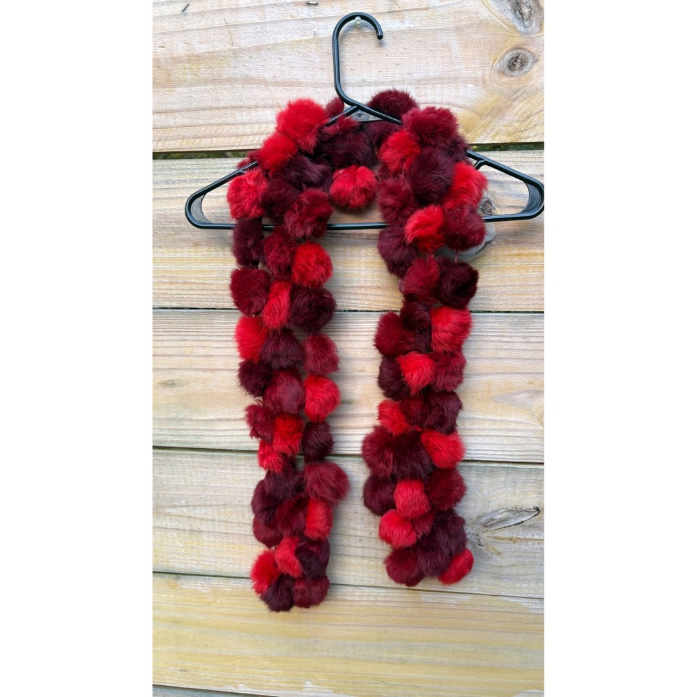 Red and Burgundy rabbit Fur Pom Pom Scarf Winter Plush Long Neck Wrap Accessory